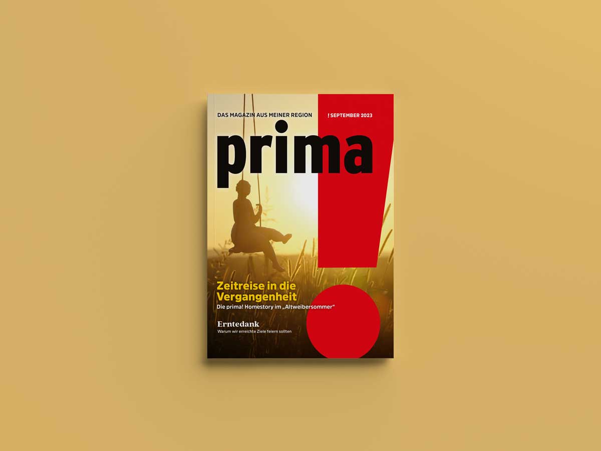 Cover der Zeitschrift prima Septemberausgabe 2023 mit Titelthema Zeitreise in die Vergangenheit.