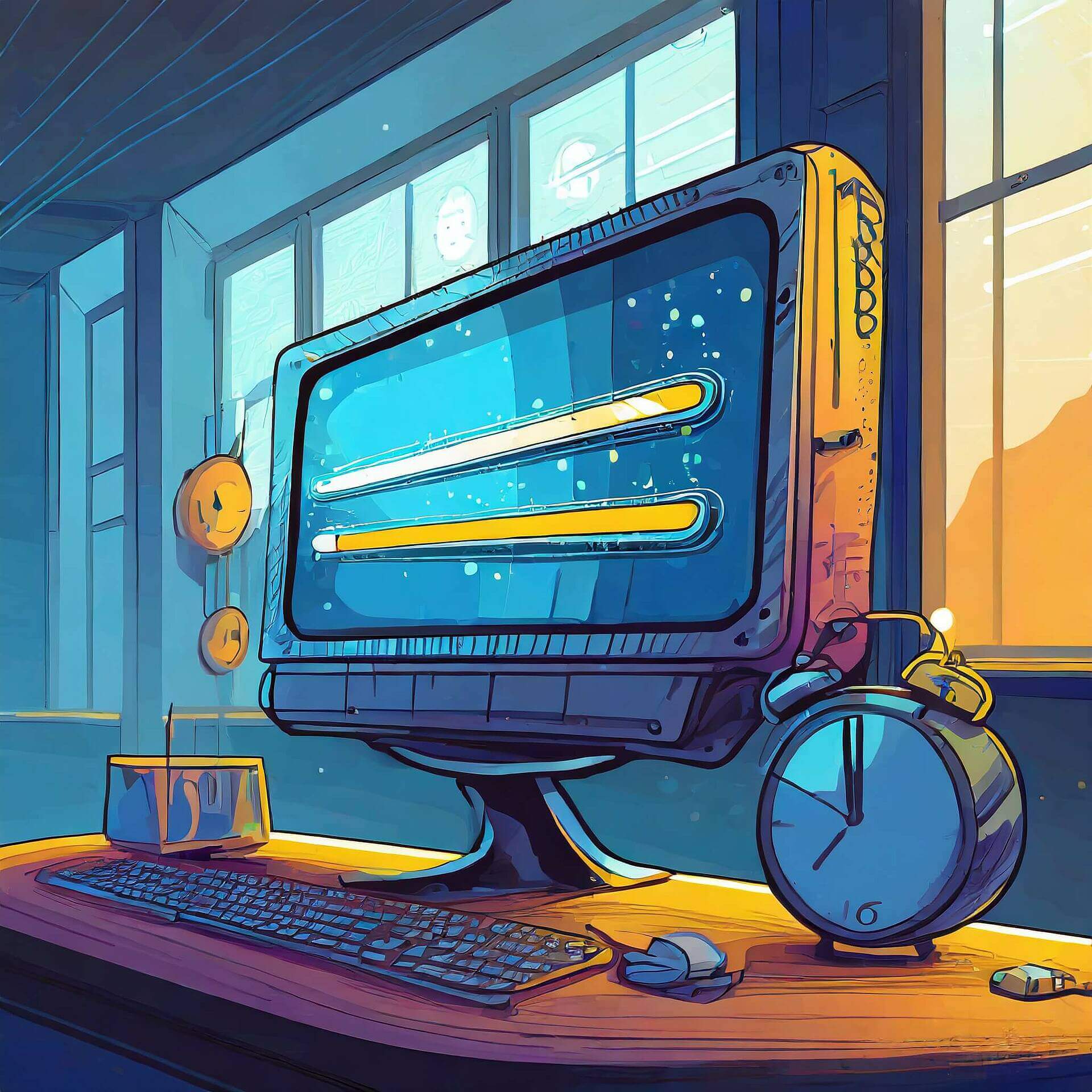 Illustration eines Computermonitors mit Ladebalken, Tastatur und Wecker in einem Sonnenuntergang beleuchteten Raum.